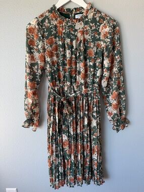Indie & Co green orange floral long sleeve pleated knee length dress Women’s S